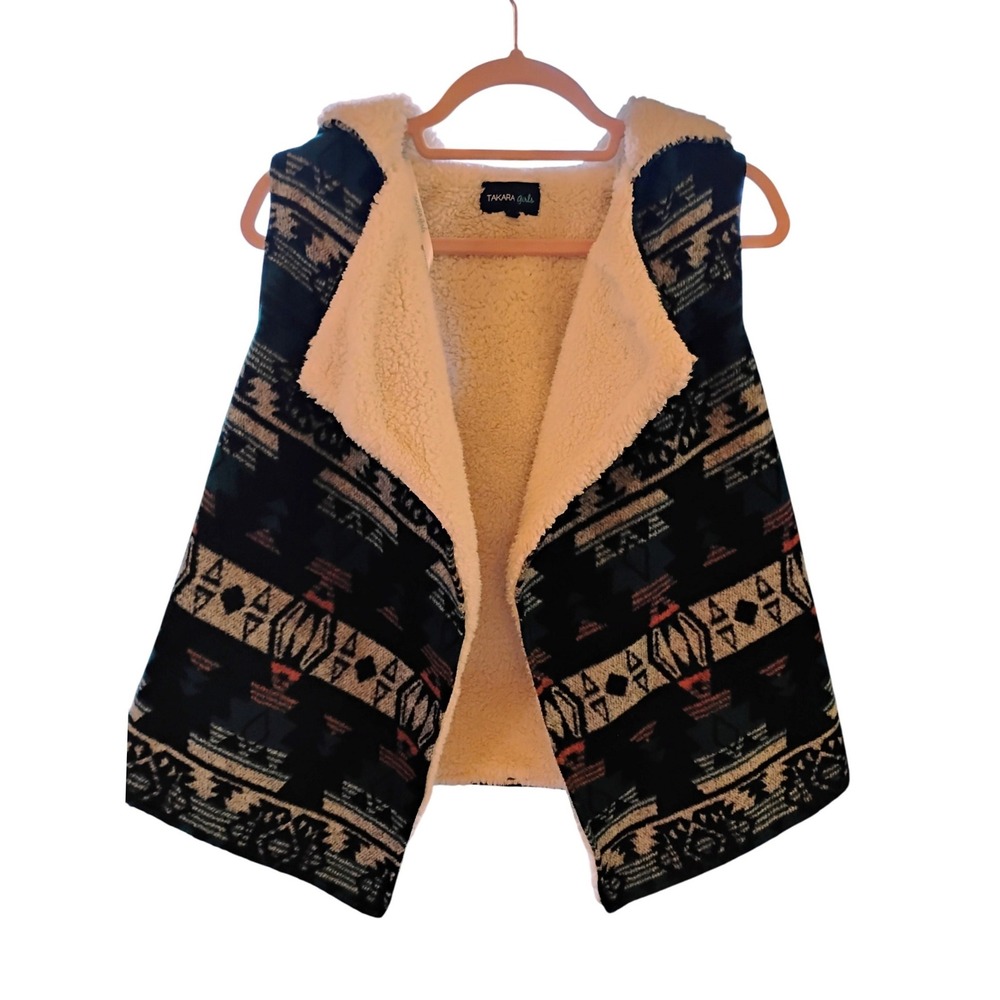 TAKARA GIRLS‎ L Aztec Sherpa Vest Sleeveless Duster Jacket Open Front Boho Cozy